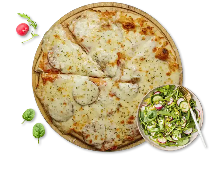 A top view of a four-cheese pizza on a wooden circular board, accompanied by a bowl of arugula salad.